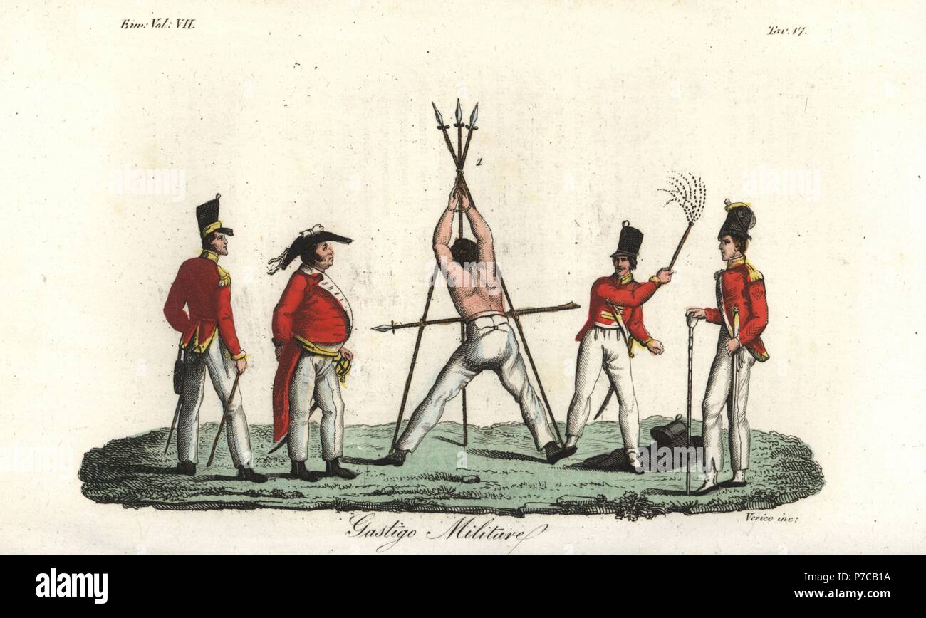 English military punishment of flogging with a cat o'nine tails, early 19th century. Handcoloured copperplate engraving by Verico from Giulio Ferrario's Costumes Ancient and Modern of the Peoples of the World, Florence, 1847. Stock Photo