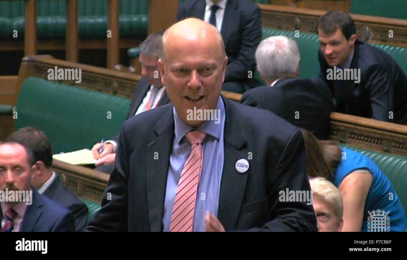 Transport Secretary Chris Grayling speaking in the House of Commons today where he has dismissed fears of a bias against northern regions over rail spending. Stock Photo