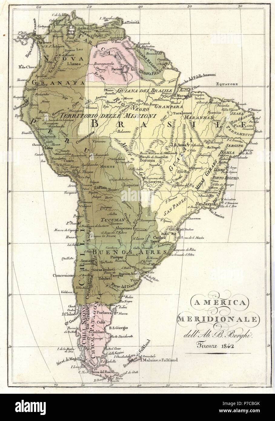 Map of South America, 1842. Handcoloured copperplate engraving after a chart by Ab. B. Berghi from Giulio Ferrrario's Costumes Antique and Modern of All Peoples (Il Costume Antico e Moderno di Tutti i Popoli), Florence, 1842. Stock Photo