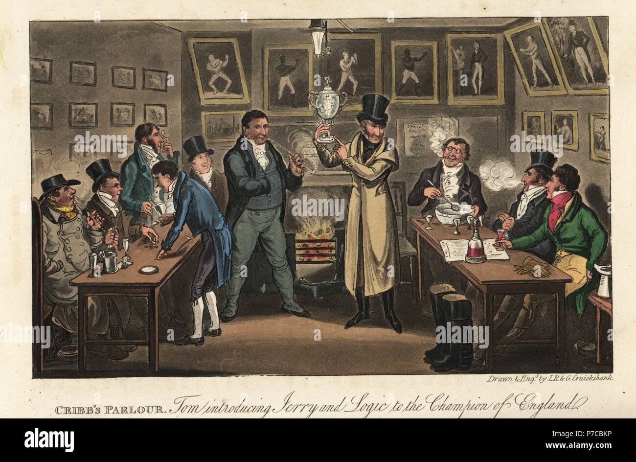 English Georgian dandies with world champion bareknuckle boxer Tom Cribb. Cribb's Parlour: Tom introducing Jerry and Logic to the Champion of England. Handcoloured copperplate engraving by Isaac Robert Cruikshank and George Cruikshank from Pierce Egan's Life in London, Sherwood, Jones, London, 1823. Stock Photo