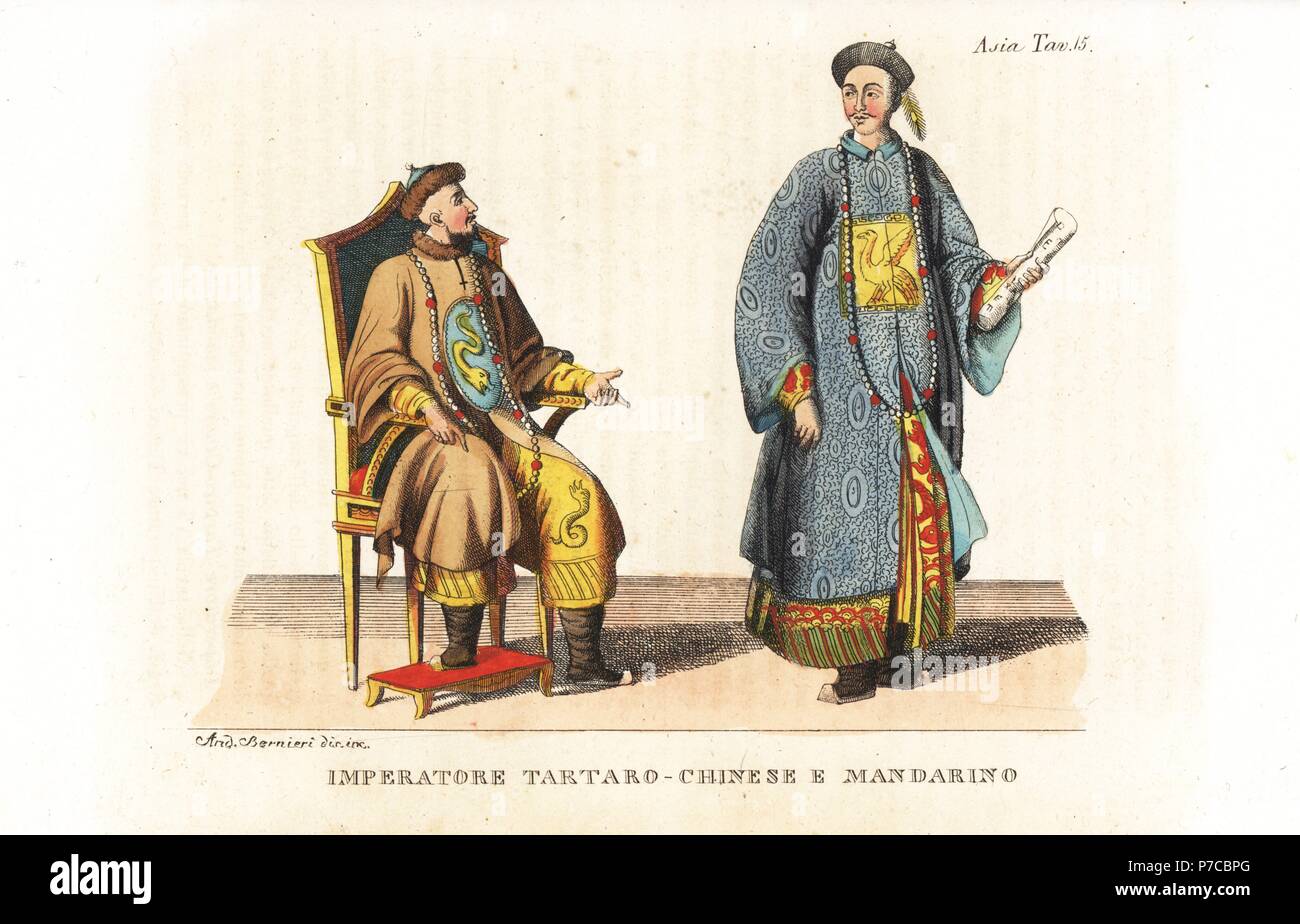 Portrait of the Chinese-Tartar Emperor Qianlong, and a literary mandarin of his court. Handcoloured copperplate engraving by Andrea Bernieri from Giulio Ferrario's Ancient and Modern Costumes of all the Peoples of the World, Florence, Italy, 1843. Stock Photo