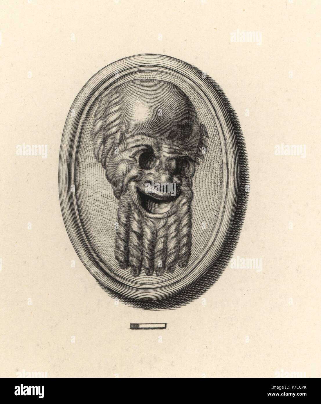 Mask of Silenus, satyr tutor of Dionysus, Greek god of wine. Copperplate engraving by Francesco Bartolozzi from 108 Plates of Antique Gems, 1860. The gems were from the Duke of Marlborough's collection. Stock Photo