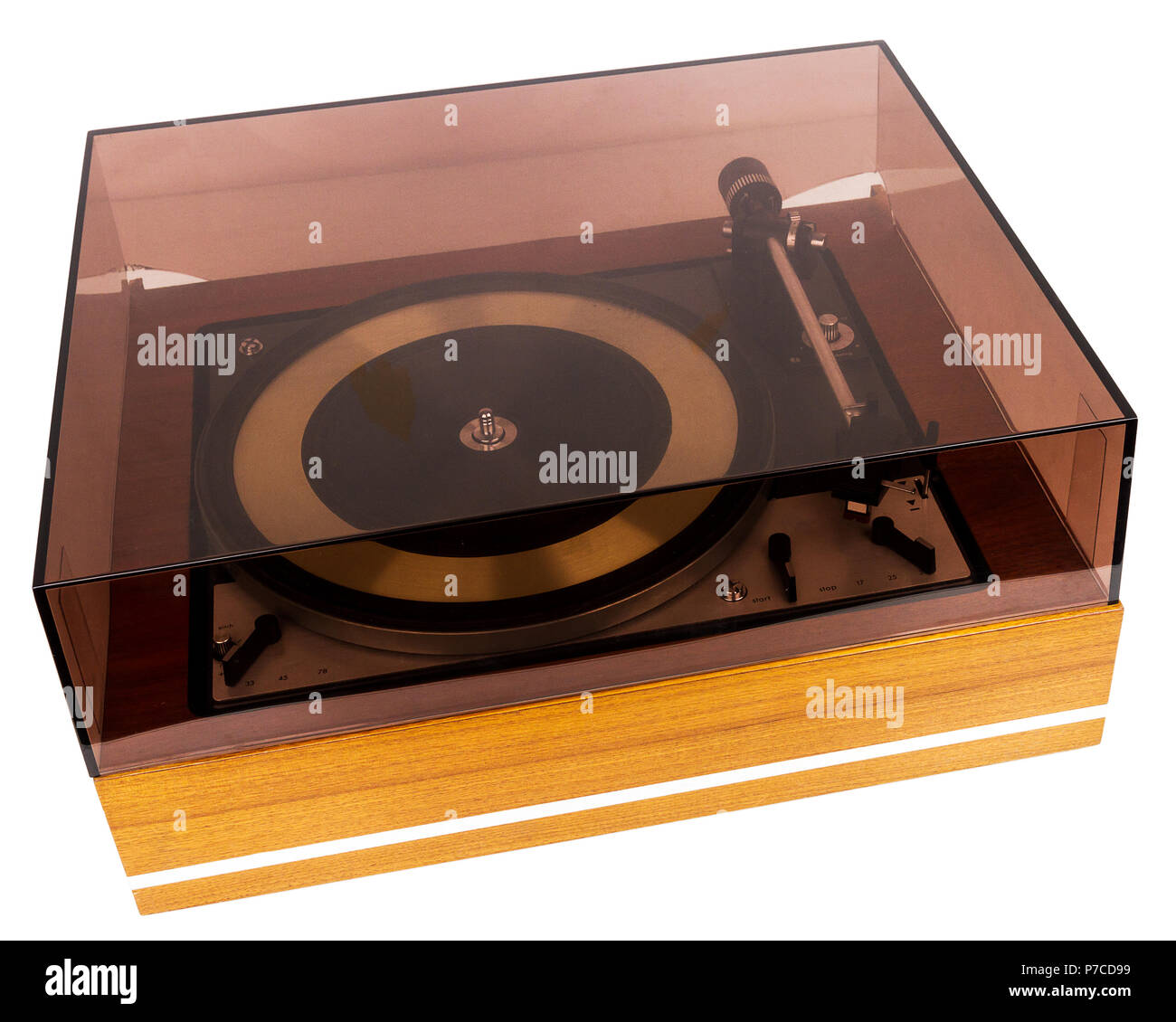 Vintage stereo turntable vinyl record player with a dust cover isolated on white background Stock Photo