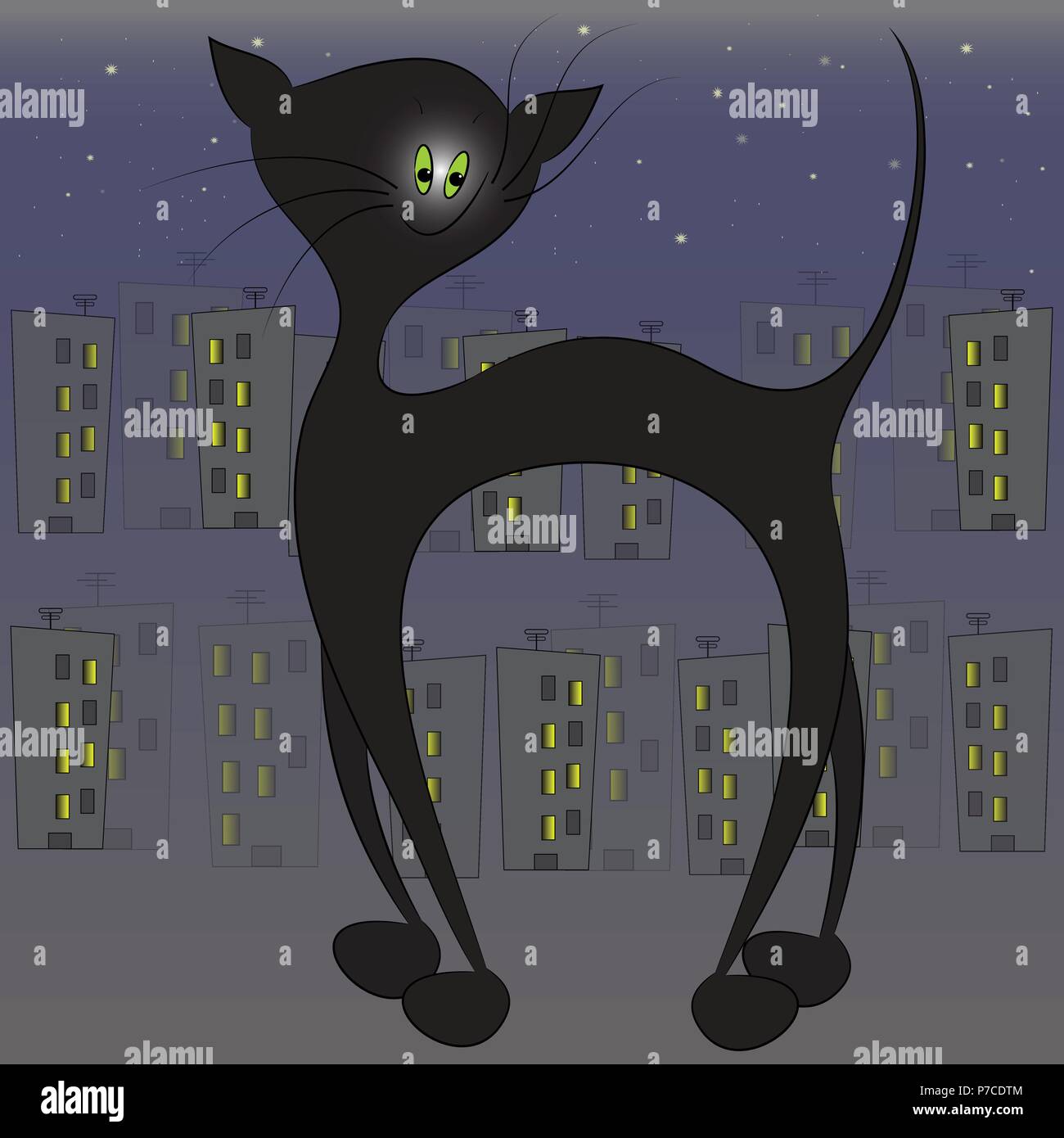Black cat in the night city vector illustration Stock Vector Image ...