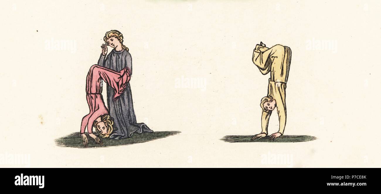 Herod's daughter Herodias tumbling and dancing, from a 9th century manuscript. Handcoloured lithograph by Joseph Strutt from his own Sports and Pastimes of the People of England, Chatto and Windus, London, 1876. Stock Photo