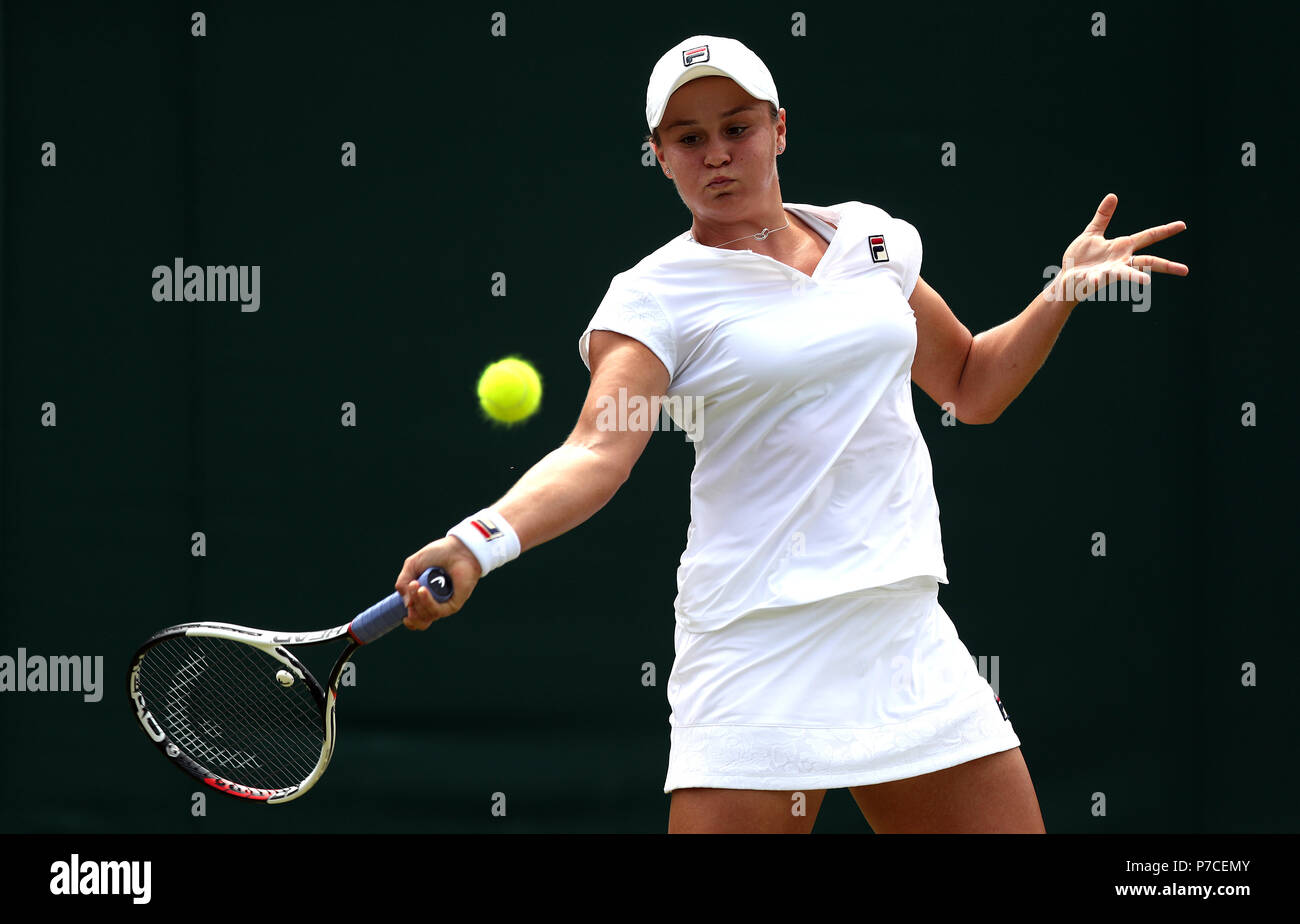 Ashleigh Barty in action on day four of the Wimbledon Championships at the All England Lawn Tennis and Croquet Club, Wimbledon. PRESS ASSOCIATION Photo. Picture date: Thursday July 5, 2018. See PA story TENNIS Wimbledon. Photo credit should read: Jonathan Brady/PA Wire. Stock Photo