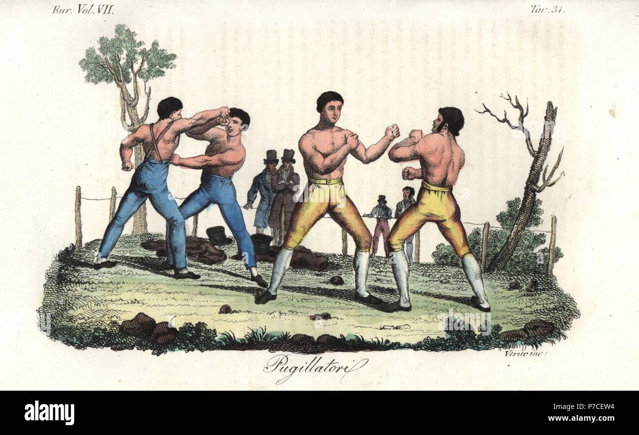 English bareknuckle boxers prizefighting in a field, 18th century