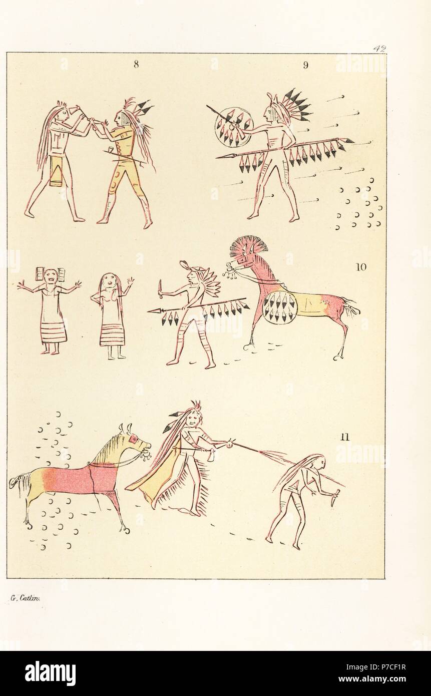 Battle scenes of the decorated robe of Mandan second chief Mah-to-toh-pa, Four Bears. Victory over a Cheyenne chief 8, standing alone against a party of Assiniboin 9, scalping two Ojibwe women 10, and shooting an Assiniboin warrior 11. Handcoloured lithograph from George Catlin's Manners, Customs and Condition of the North American Indians, London, 1841. Stock Photo