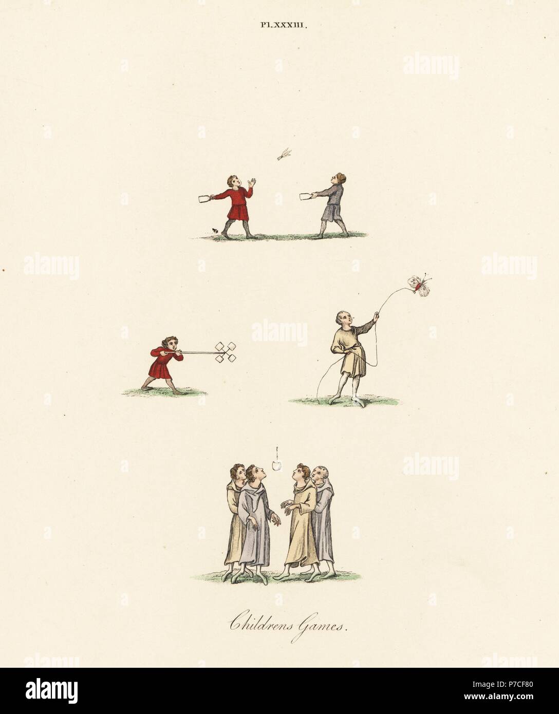 Medieval children's games: badminton with racquets and shuttlecock, boy with paper windmill, boy flying a butterfly on a string, and boys playing bob-cherry with an apple. Handcoloured lithograph by Joseph Strutt from his own Sports and Pastimes of the People of England, Chatto and Windus, London, 1876. Stock Photo