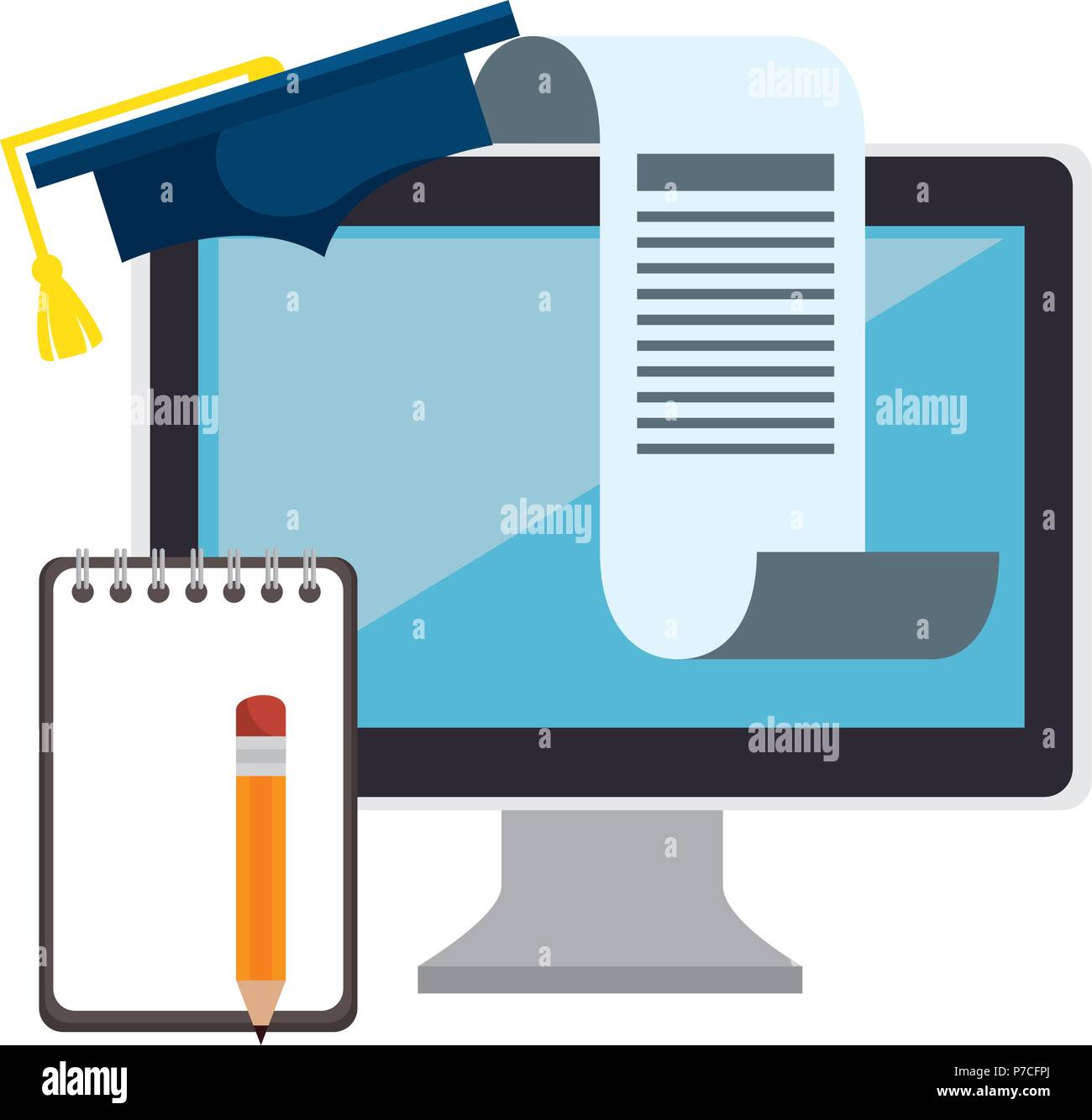 computer desktop with hat garduation and notebook Stock Vector Image ...