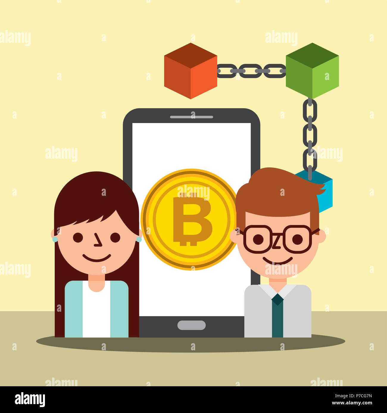 businessman agent woman smartphone bitcoin blockchain vector ...