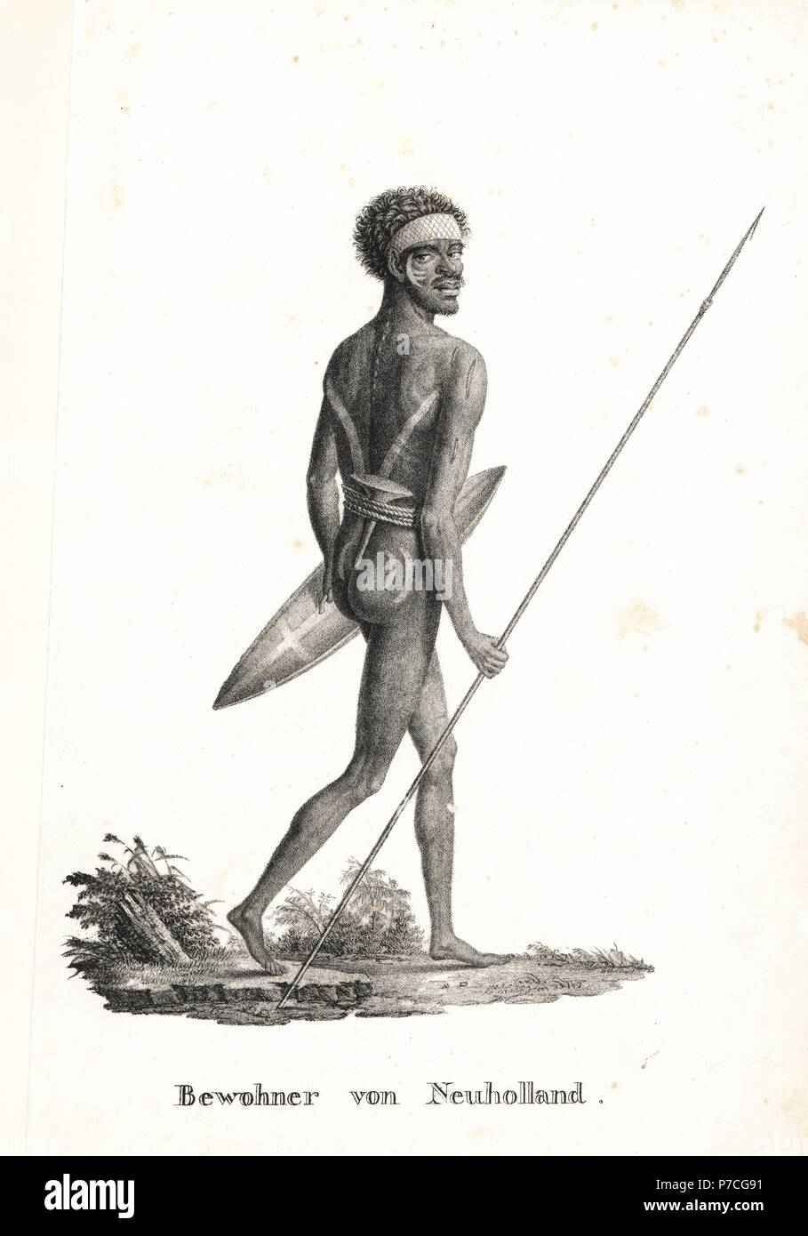 Noru Gal Derri, Aborigine warrior with spear and shield, Australia. From an illustration by Nicolas Martin Petit. Lithograph by Karl Joseph Brodtmann from Heinrich Rudolf Schinz's Illustrated Natural History of Men and Animals, 1836. Stock Photo