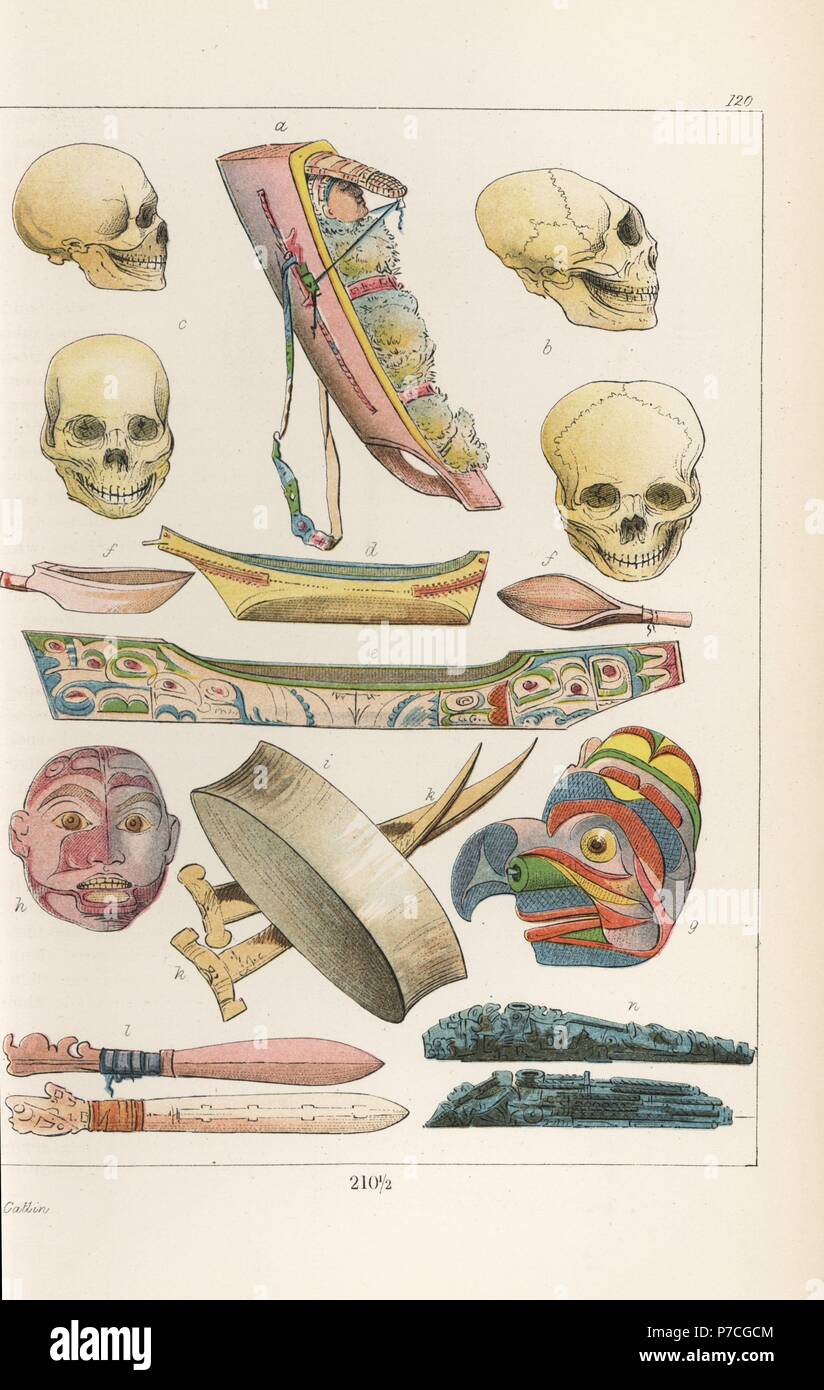 Chinook cradleboard to flatten a child's head a, flattened skulls b, natural skull c, Chinook canoe d, Niskah war canoe e, canoe ladles f, medicine man's Stikeen mask g, Niskah woman with mouth plug h, mouth plug i, wapito diggers k, war clubs l, and carved pipes n. Handcoloured lithograph from George Catlin's Manners, Customs and Condition of the North American Indians, London, 1841. Stock Photo