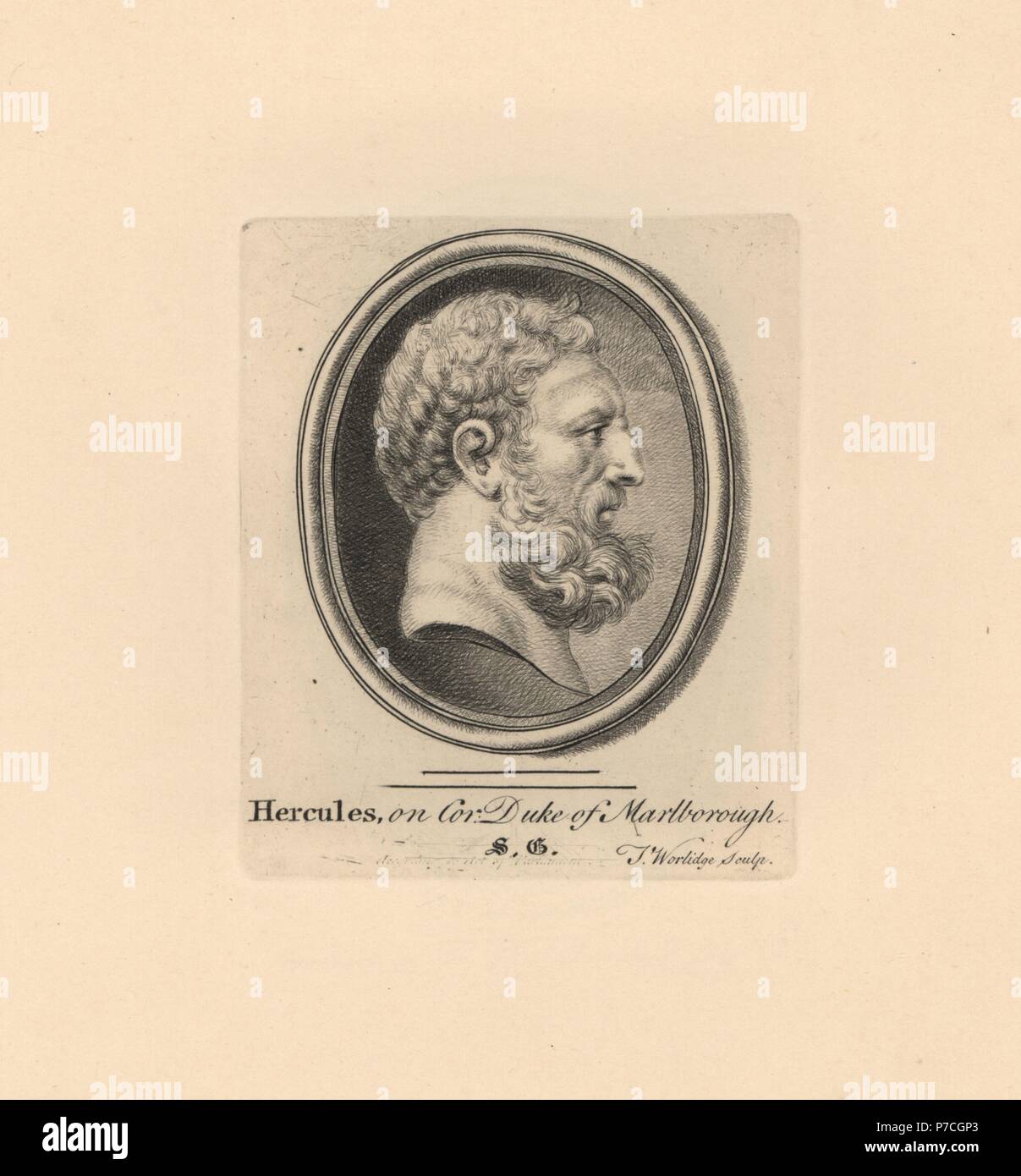 Portrait of Hercules, Greek mythical hero, on cornelian in the Duke of Marlborough's collection. Copperplate engraving by Thomas Worlidge from James Vallentin's One Hundred and Eight Engravings from Antique Gems, 1863. Stock Photo