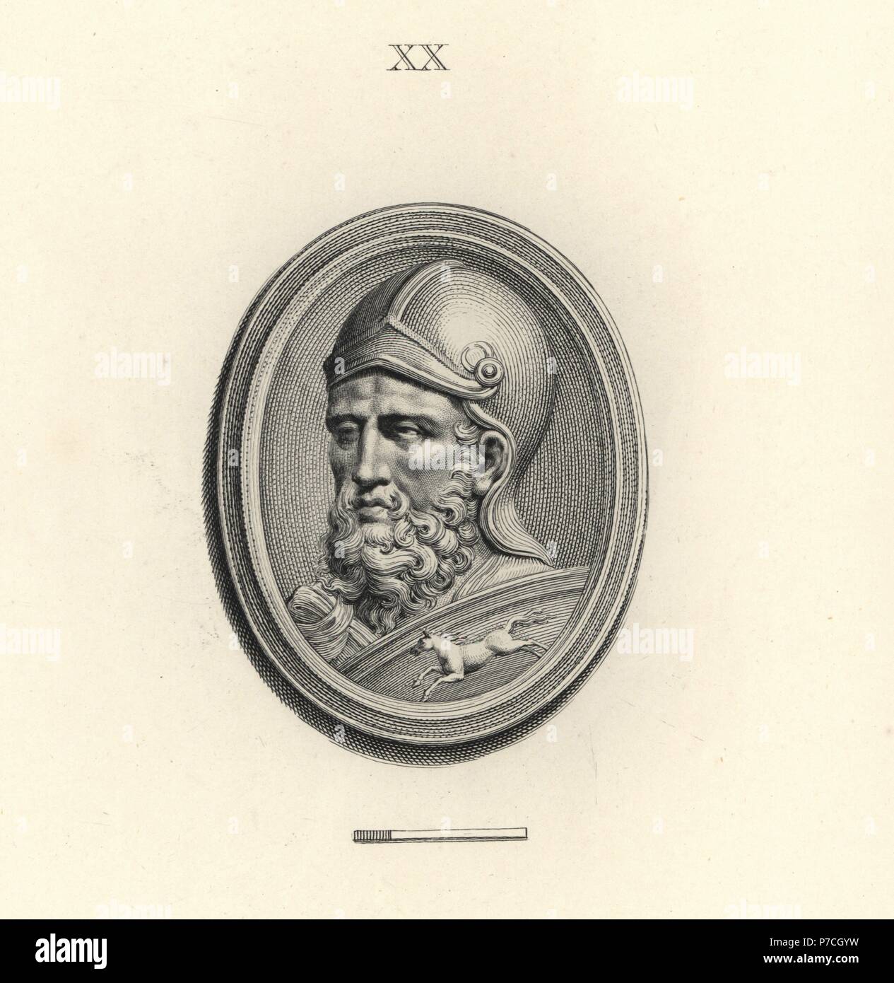 Head of Hannibal, Punic Carthaginian military commander, in helmet and shield decorated with galloping horse. Copperplate engraving by Francesco Bartolozzi from 108 Plates of Antique Gems, 1860. The gems were from the Duke of Marlborough's collection. Stock Photo