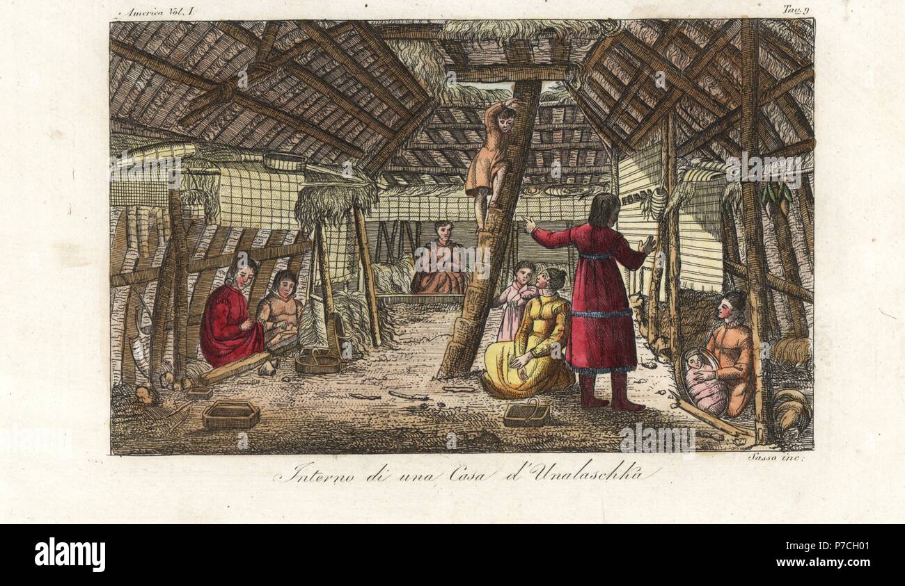 Interior of an underground Aleut house in Unalaska, with women caring ...