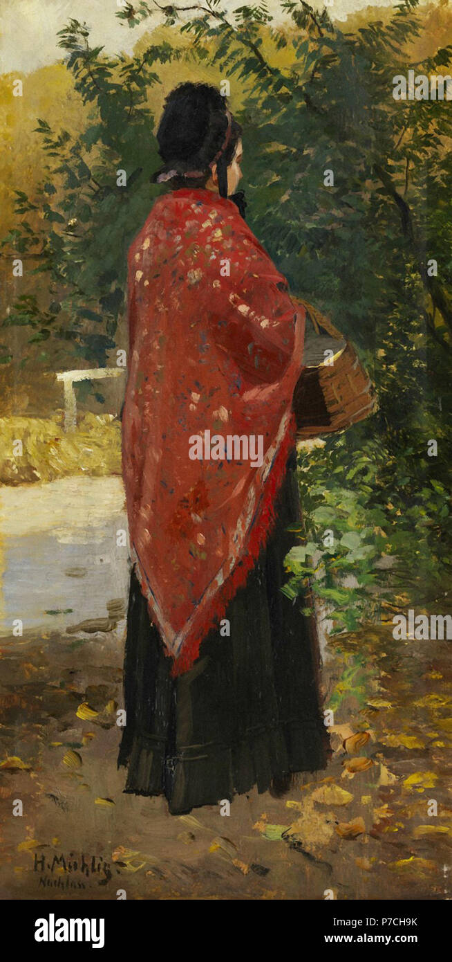 Muhlig  Hugo - Frau in Schwarzem Kleid Mit Rotem Schultertuch Und Korb  in Einem Park Stehend Stock Photo