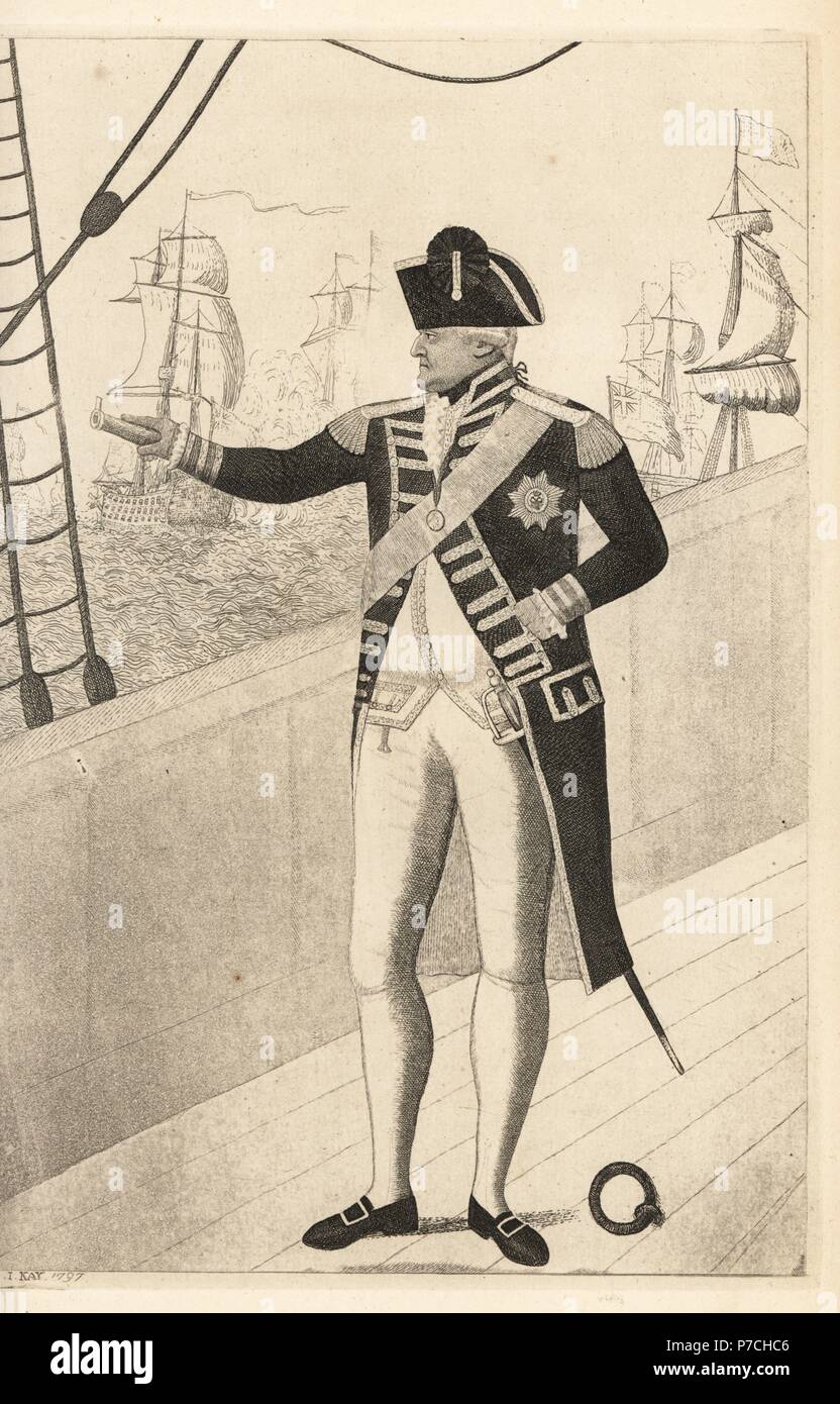 Admiral Adam Duncan on the quarterdeck of the Venerable during the battle of Camperdown against the Dutch fleet. Copperplate engraving by John Kay from A Series of Original Portraits and Caricature Etchings, Hugh Paton, Edinburgh, 1842. Stock Photo