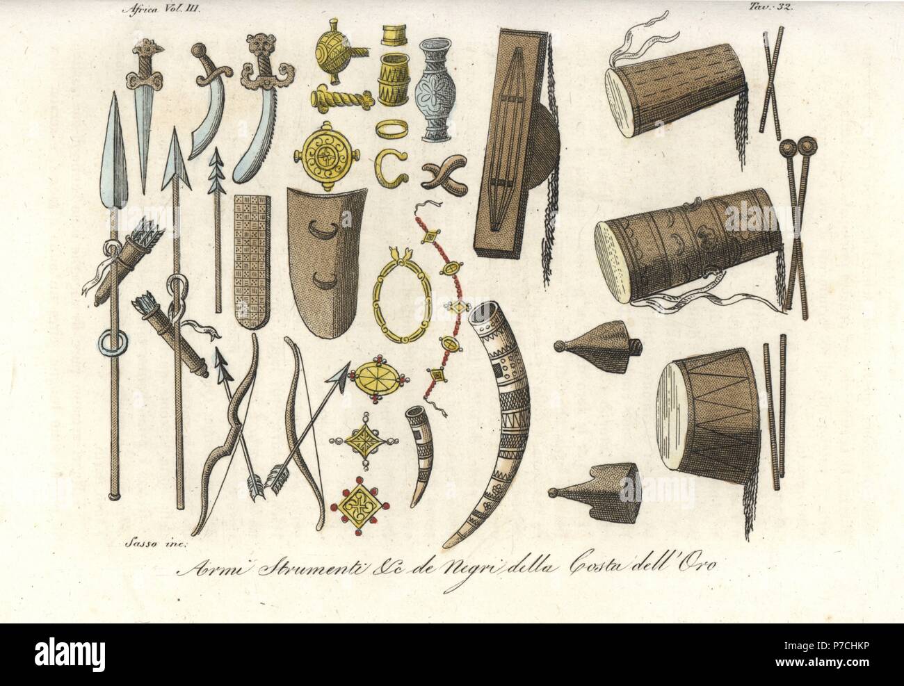 Weapons, musical instruments and gold accessories of the natives of the