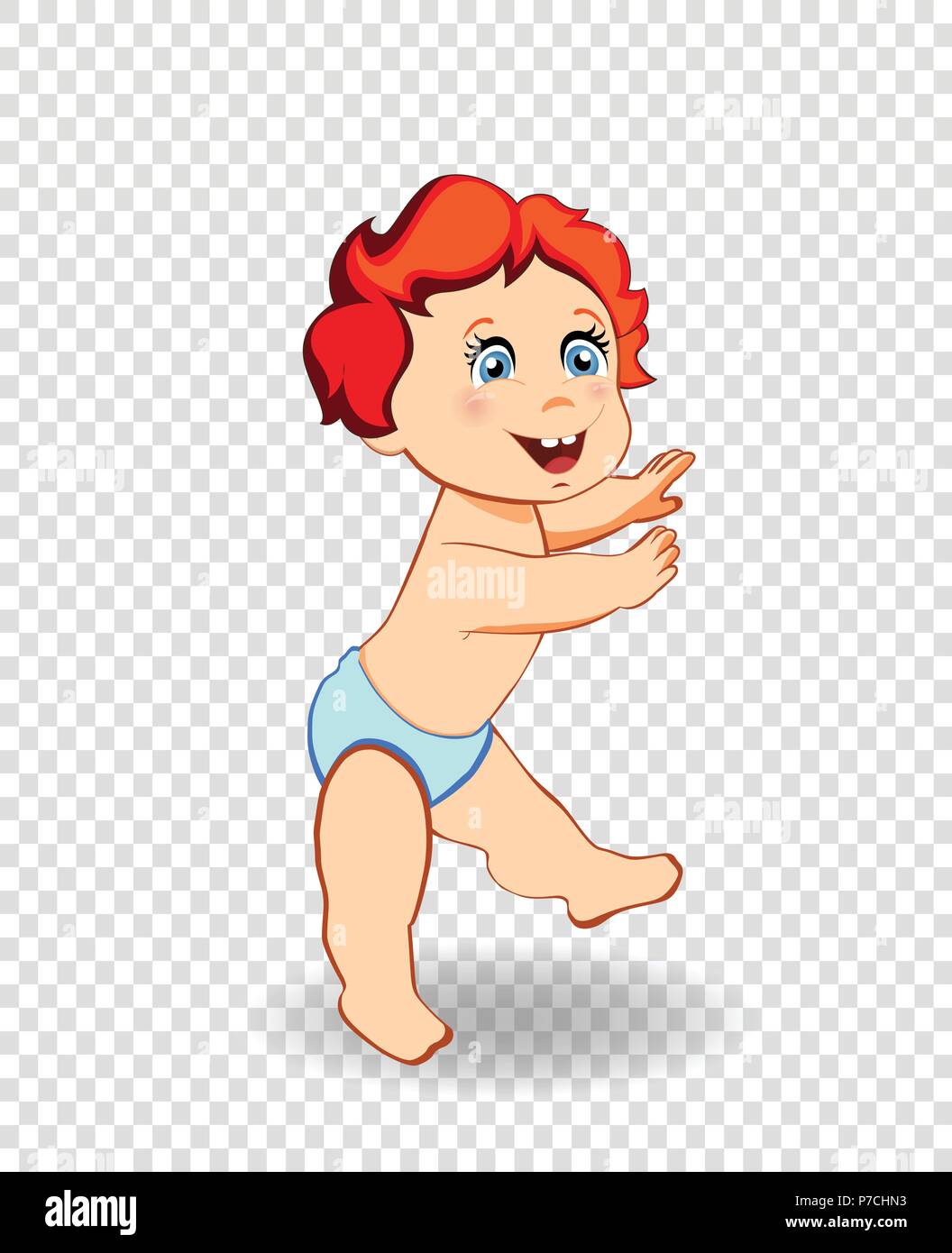 Vector cartoon illustration of cute baby boy in blue diaper trying to walk  . Small redheaded child making first steps, clip art of full-length kid cha  Stock Vector Image & Art -