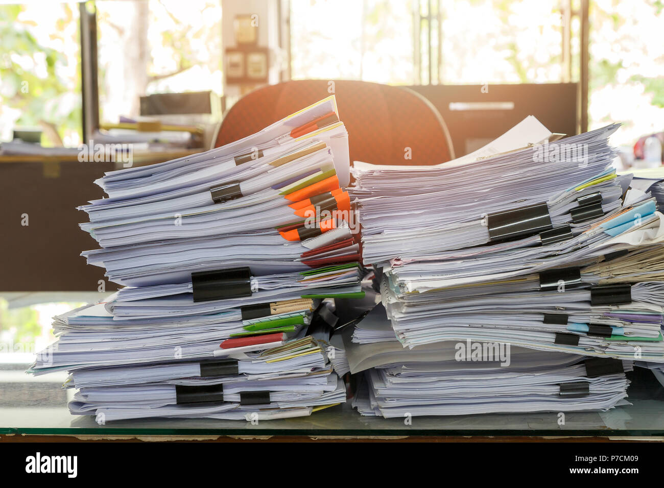 Close up of business documents stack on desk , report papers stack