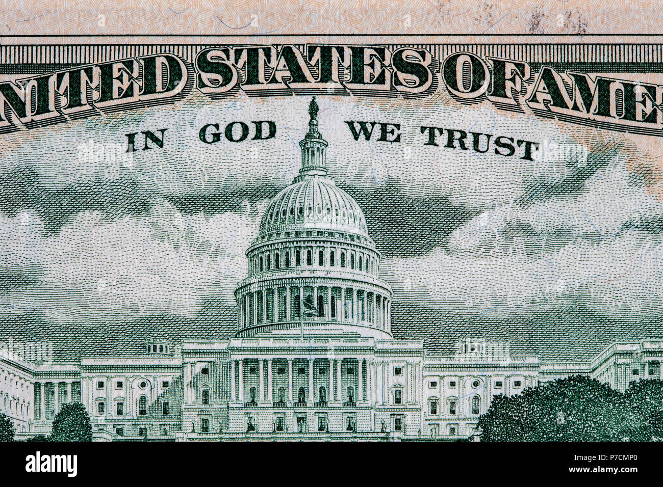 Closeup of United States Capitol depicted on 50 USD bill reverse with the words In God We Trust. Shallow depth of field Stock Photo