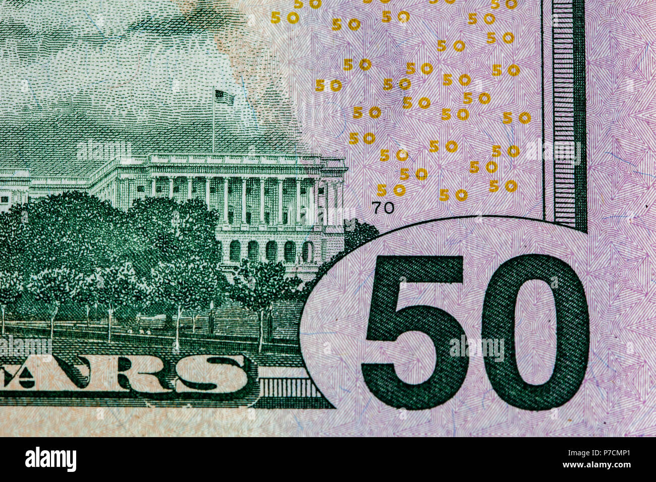 Closeup of fragment of 50 US dollars bill back side Stock Photo