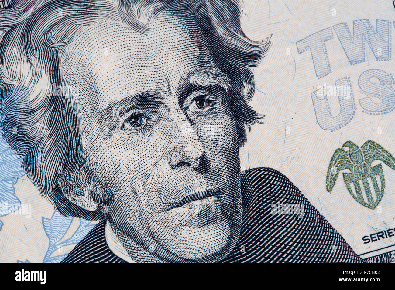 Closeup of Andrew Jackson portrait on 20 US dollar bill Stock Photo