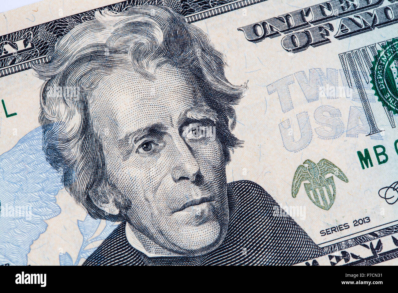 Closeup of Andrew Jackson portrait in perspective on 20 US dollar bill Stock Photo