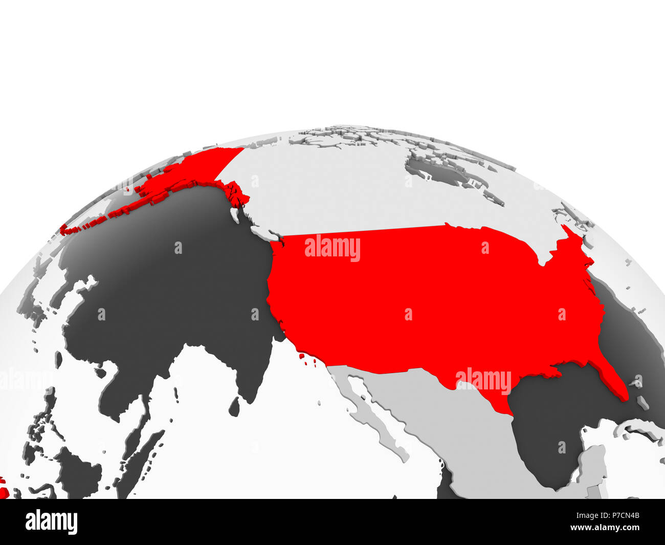 USA in red on grey model of political globe with transparent oceans. 3D ...