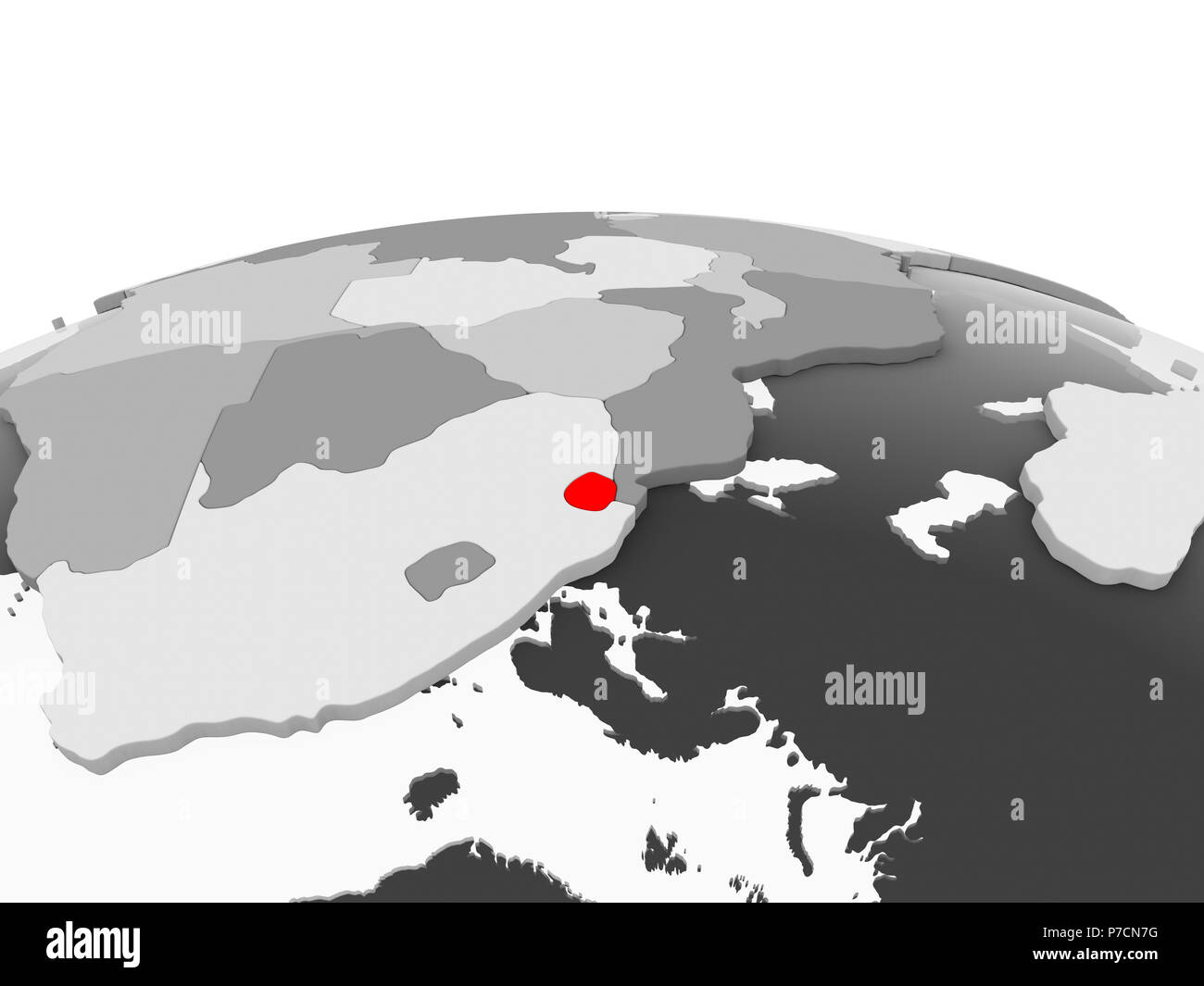 Swaziland in red on grey model of political globe with transparent ...