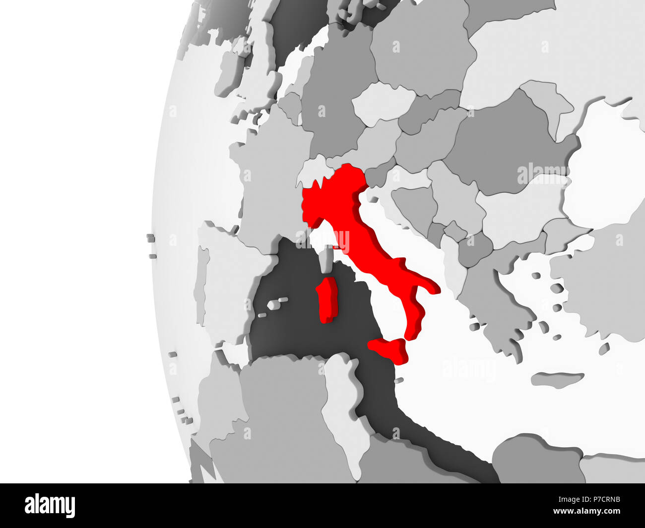Italy highlighted on grey 3D model of political globe with transparent