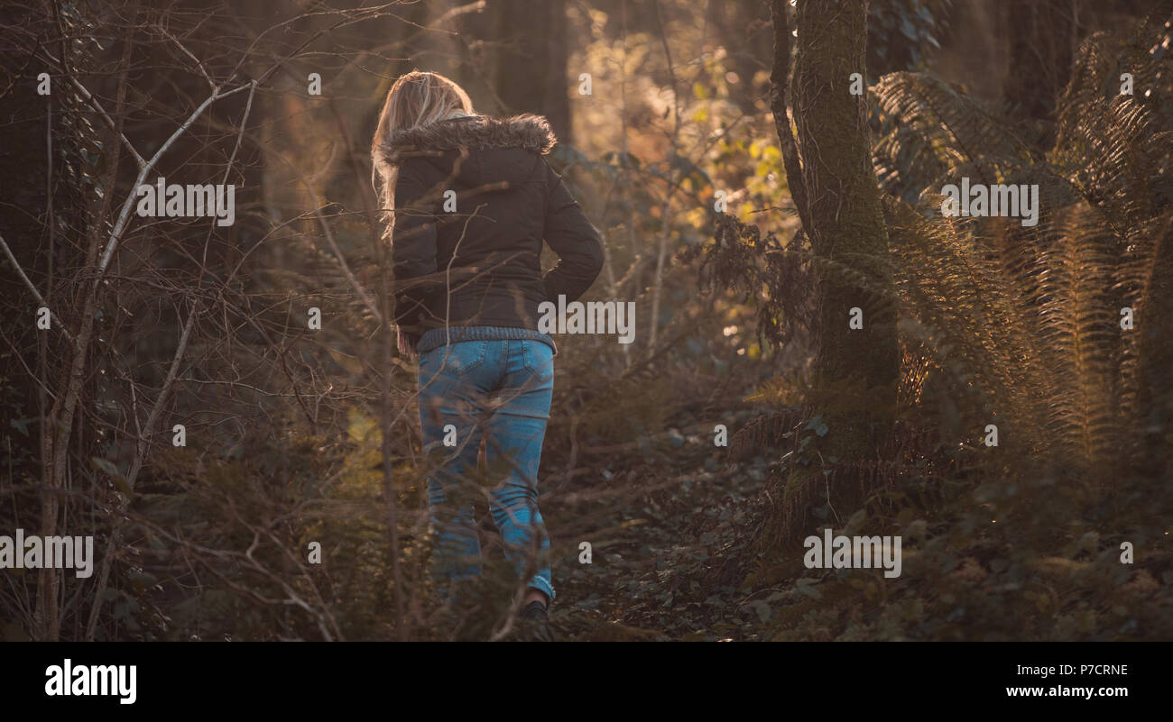 Woman walking alone in a forest hi-res stock photography and images - Alamy