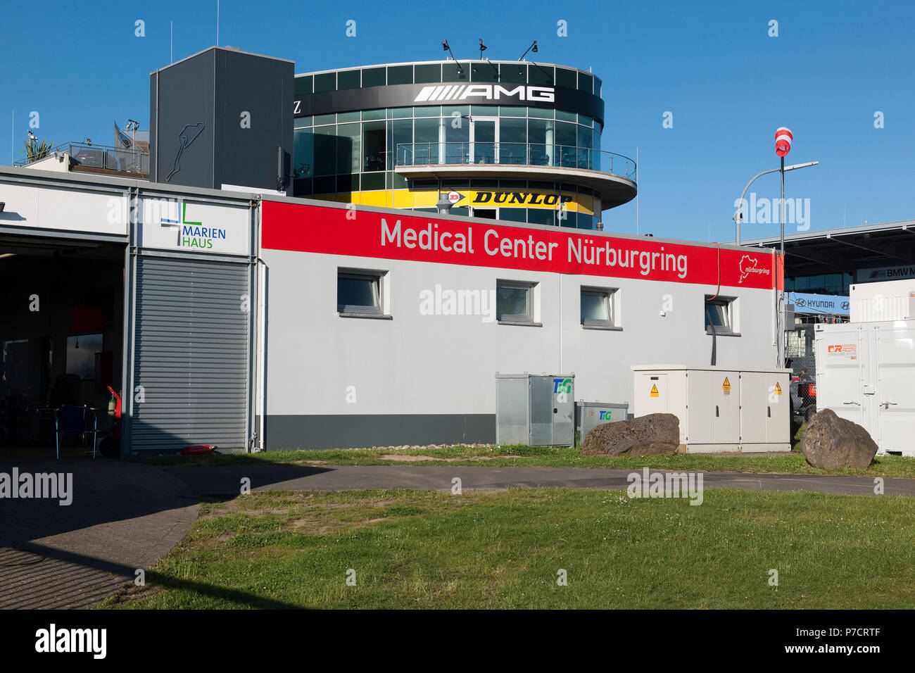 Medical Center, Nuerburgring, race track, Eifel, Rhineland-Palatinate, Germany, Europe Stock Photo