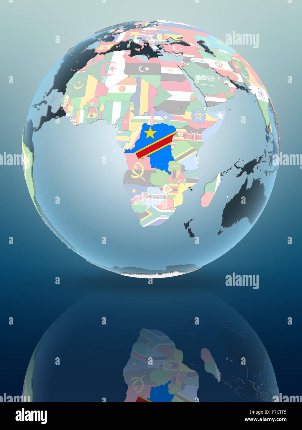 Democratic Republic of Congo on political globe reflecting on shiny ...