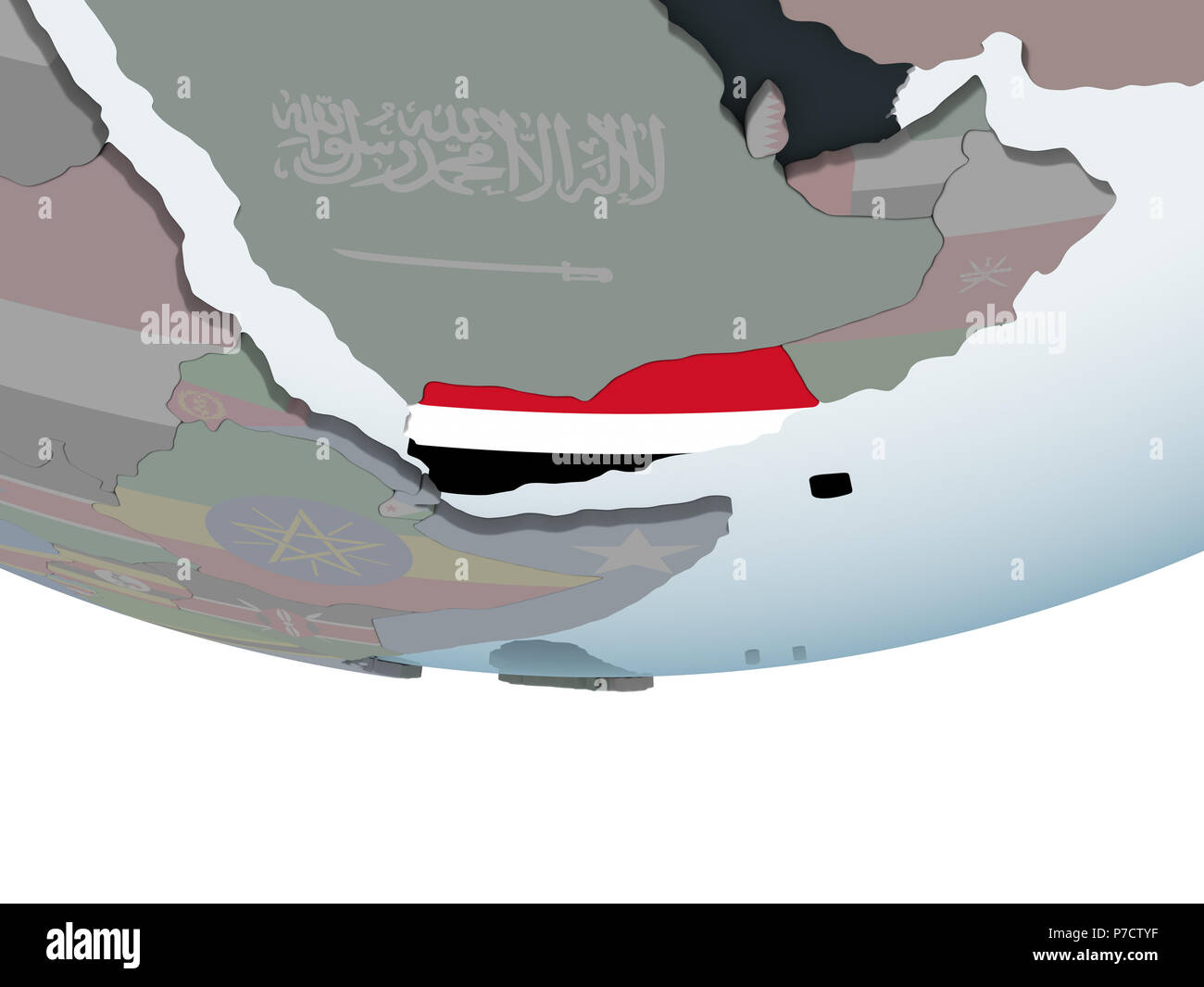 Yemen on political globe with embedded flag. 3D illustration Stock ...