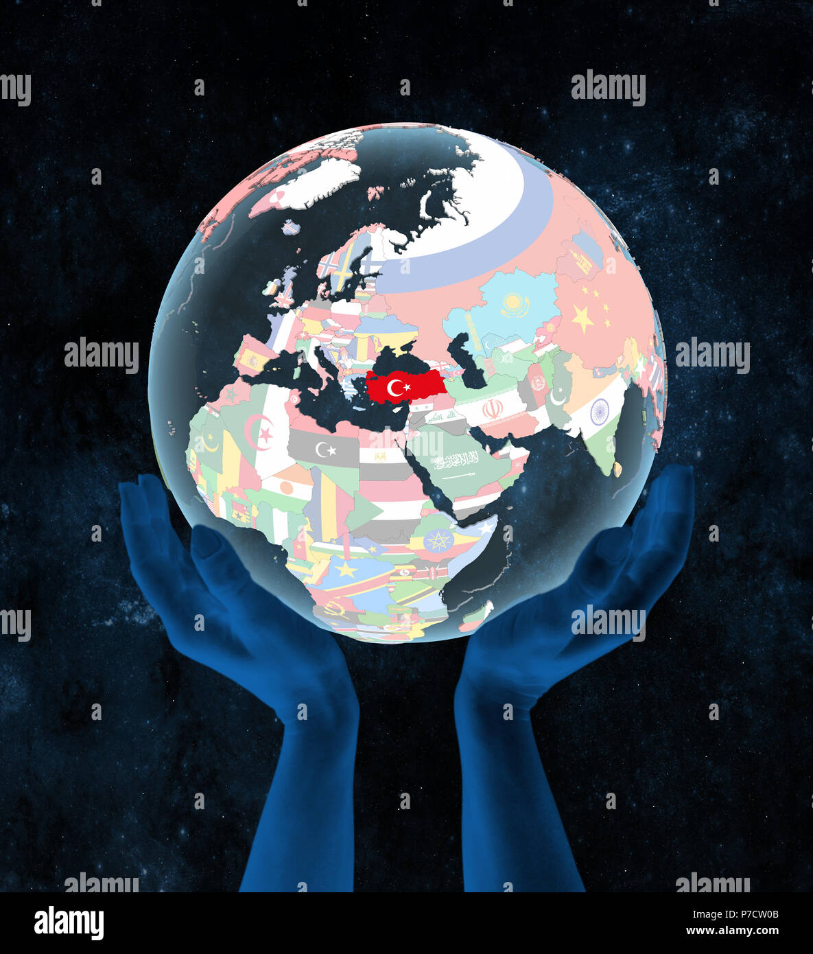 Turkey on translucent political globe in hands in space. 3D ...