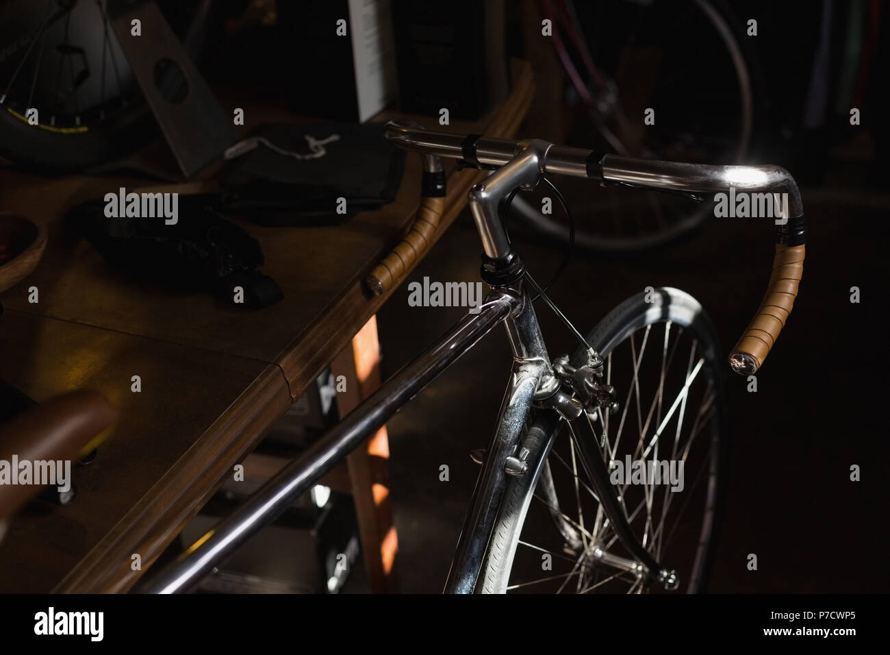 Racing bicycle in workshop Stock Photo