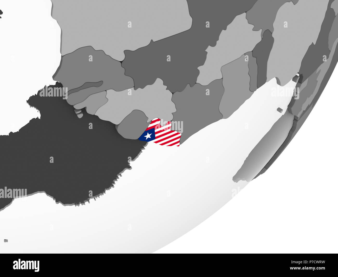 Liberia on gray political globe with embedded flag. 3D illustration ...
