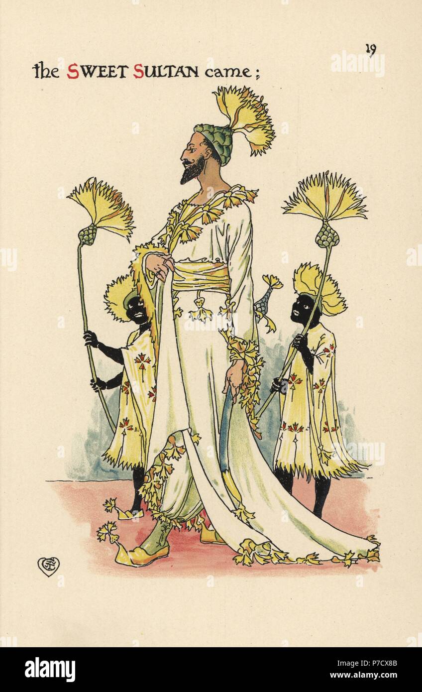 Flower fairy of sweet sultan, Amberboa muricata, as an eastern sultan in long robes with scimitar, accompanied by two African page boys with fans. Chromolithograph after an illustration by Walter Crane from A Flower Wedding, Cassell, London, 1905. Stock Photo