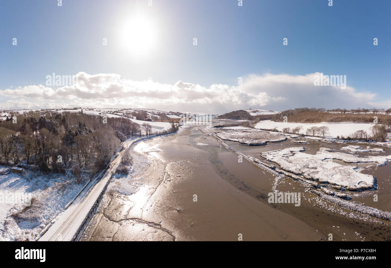 Aerial view of snowy landscape and river Stock Photo - Alamy