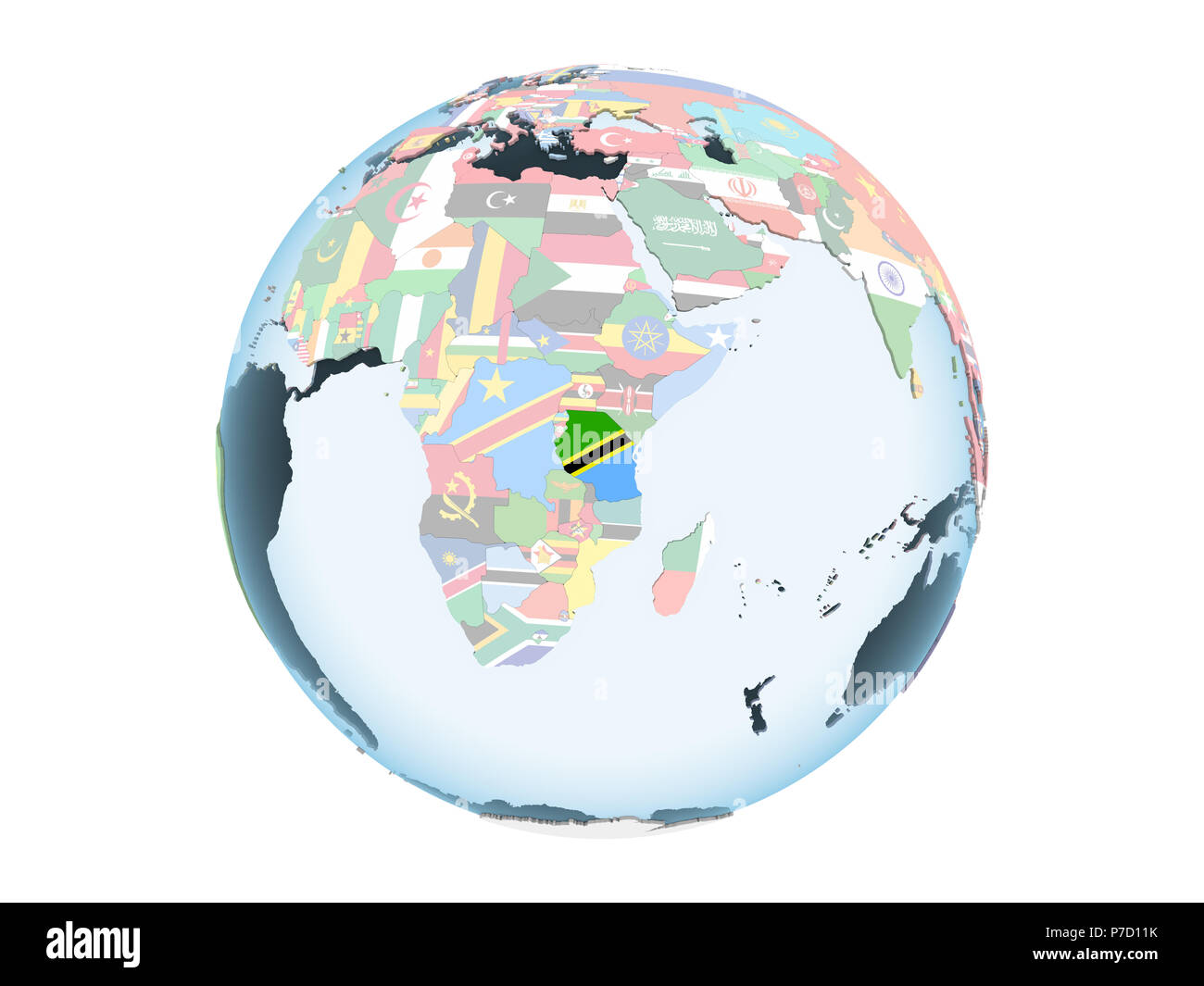 Tanzania on bright political globe with embedded flag. 3D illustration ...