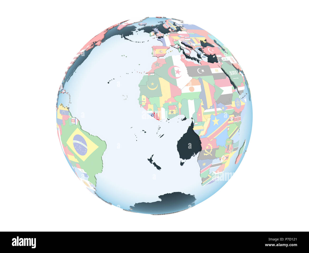 Liberia on bright political globe with embedded flag. 3D illustration ...