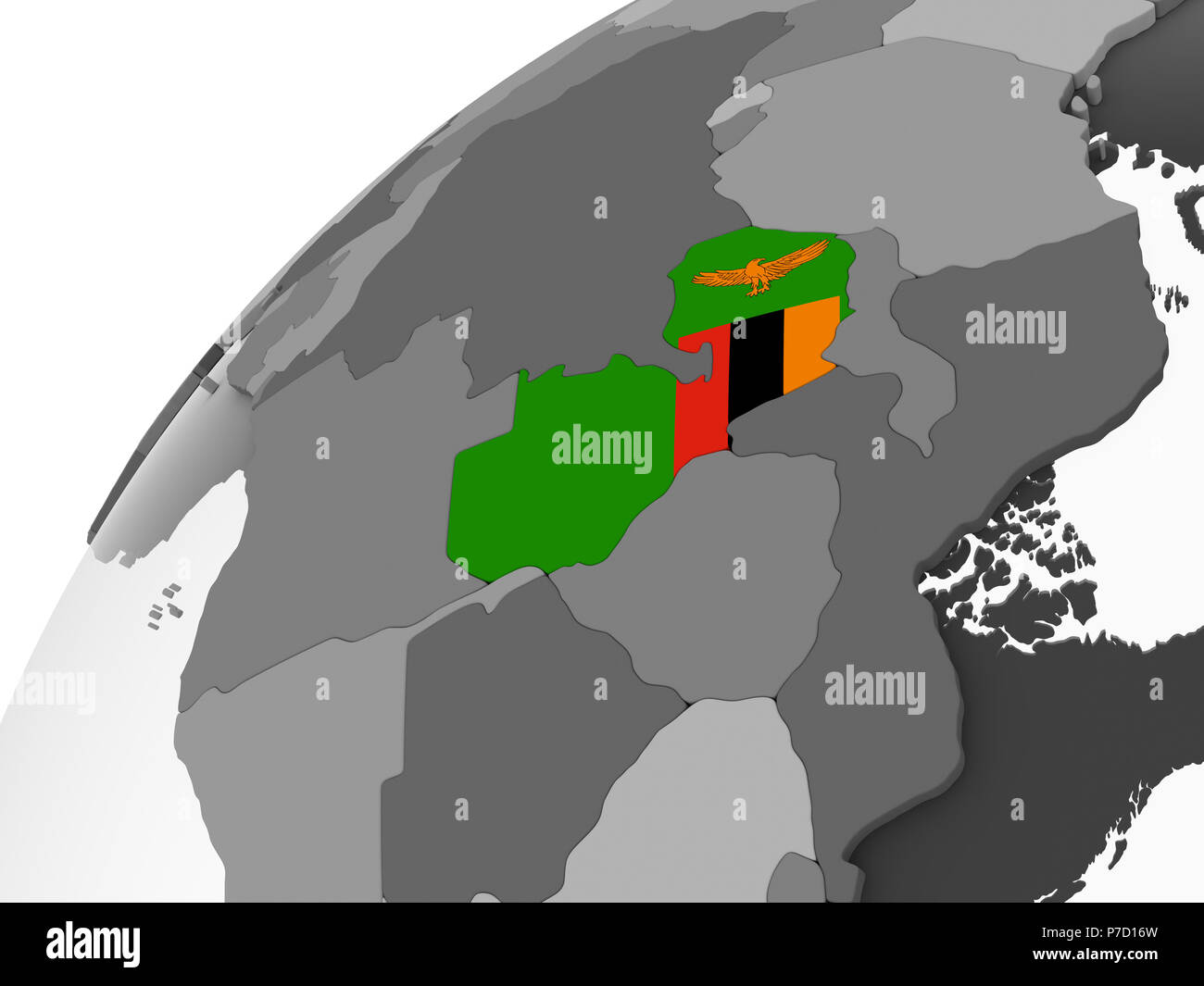 Zambia on gray political globe with embedded flag. 3D illustration ...