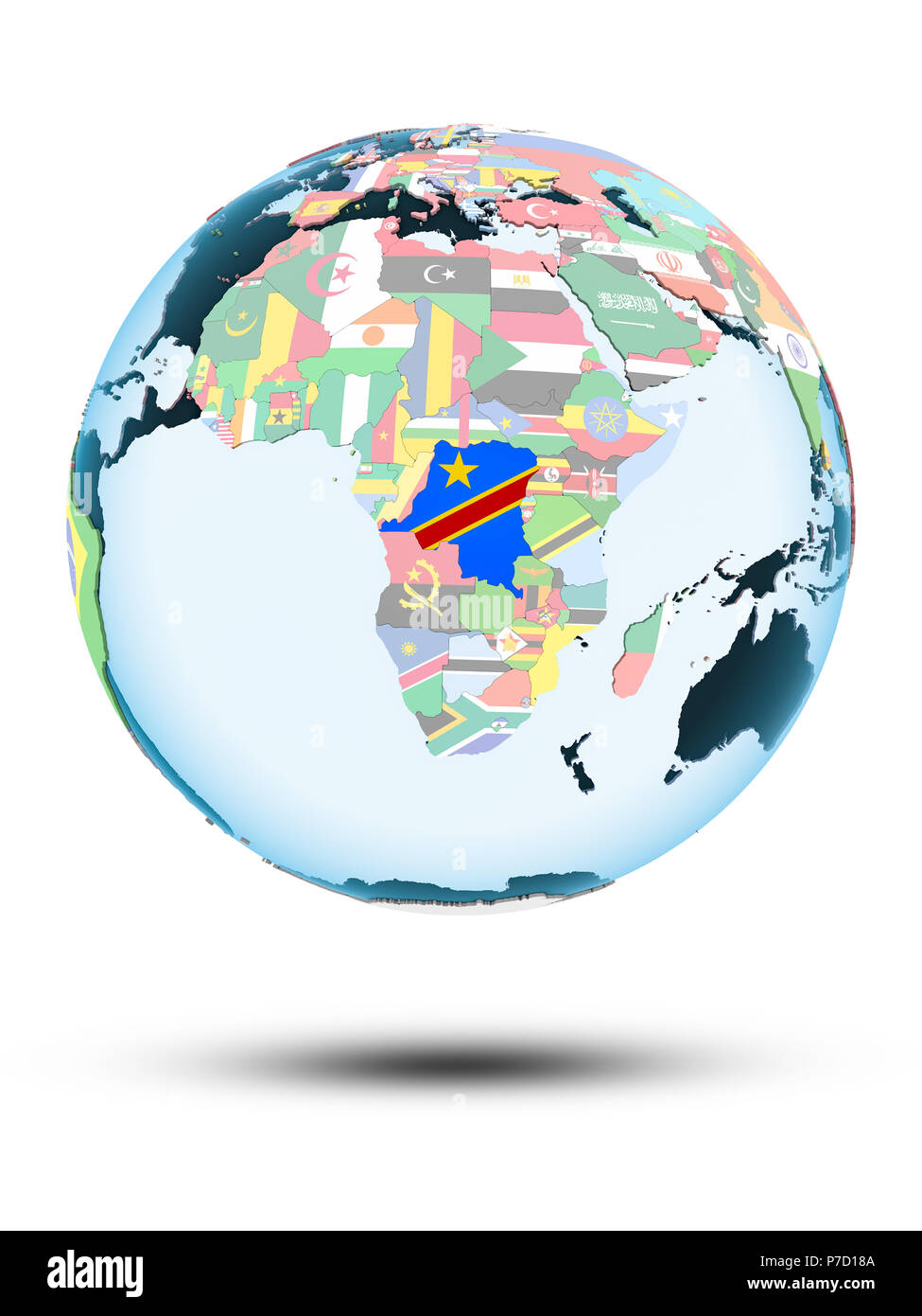 Democratic Republic of Congo on political globe with shadow isolated on white background. 3D illustration. Stock Photo