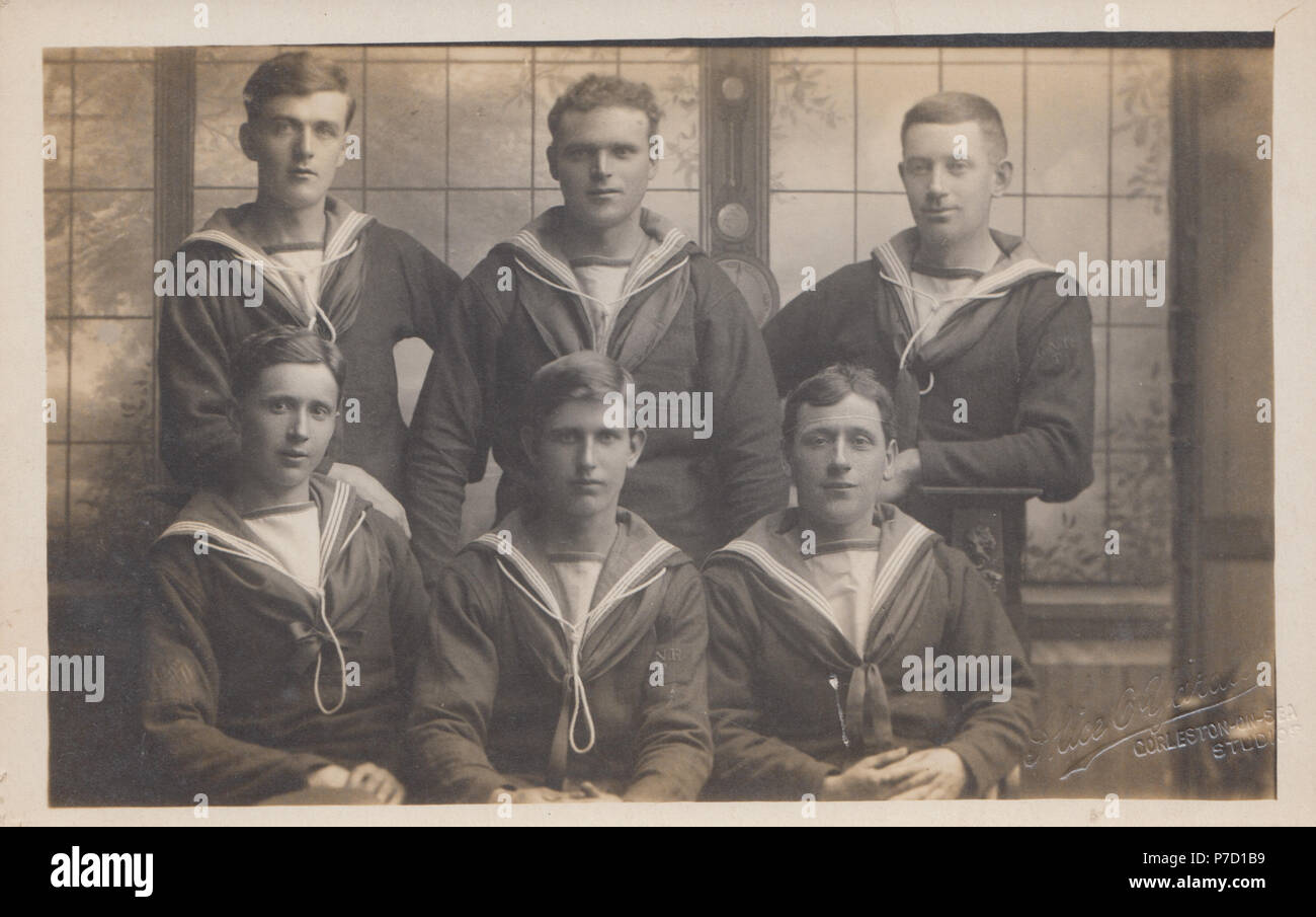 Vintage Photograph of Six British Navy Sailors. Photographed at Gorleston-On-Sea, Norfolk, UK Stock Photo
