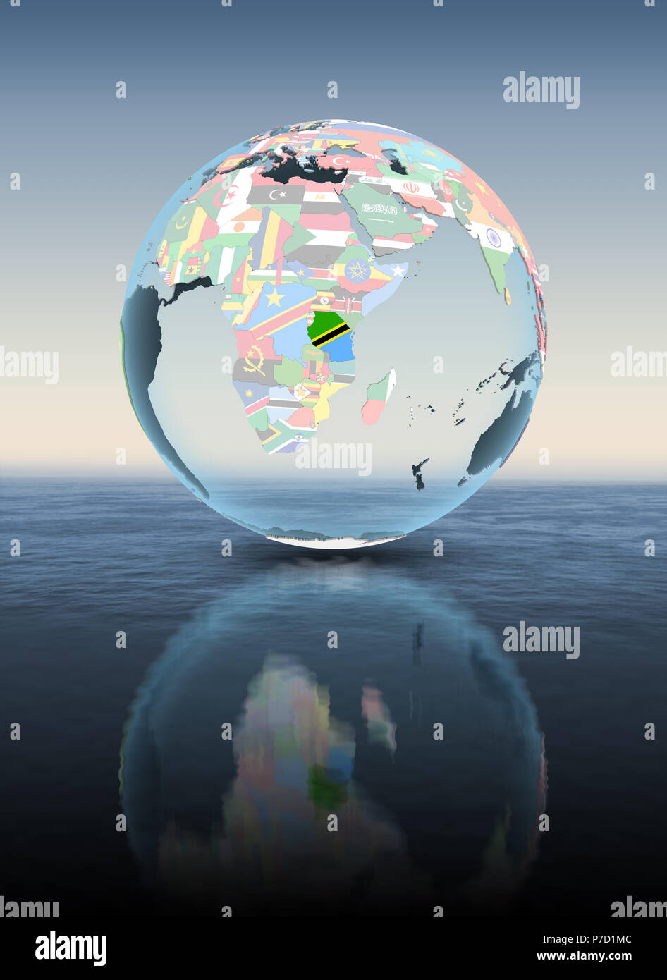 Tanzania on political globe floating above water. 3D illustration Stock ...