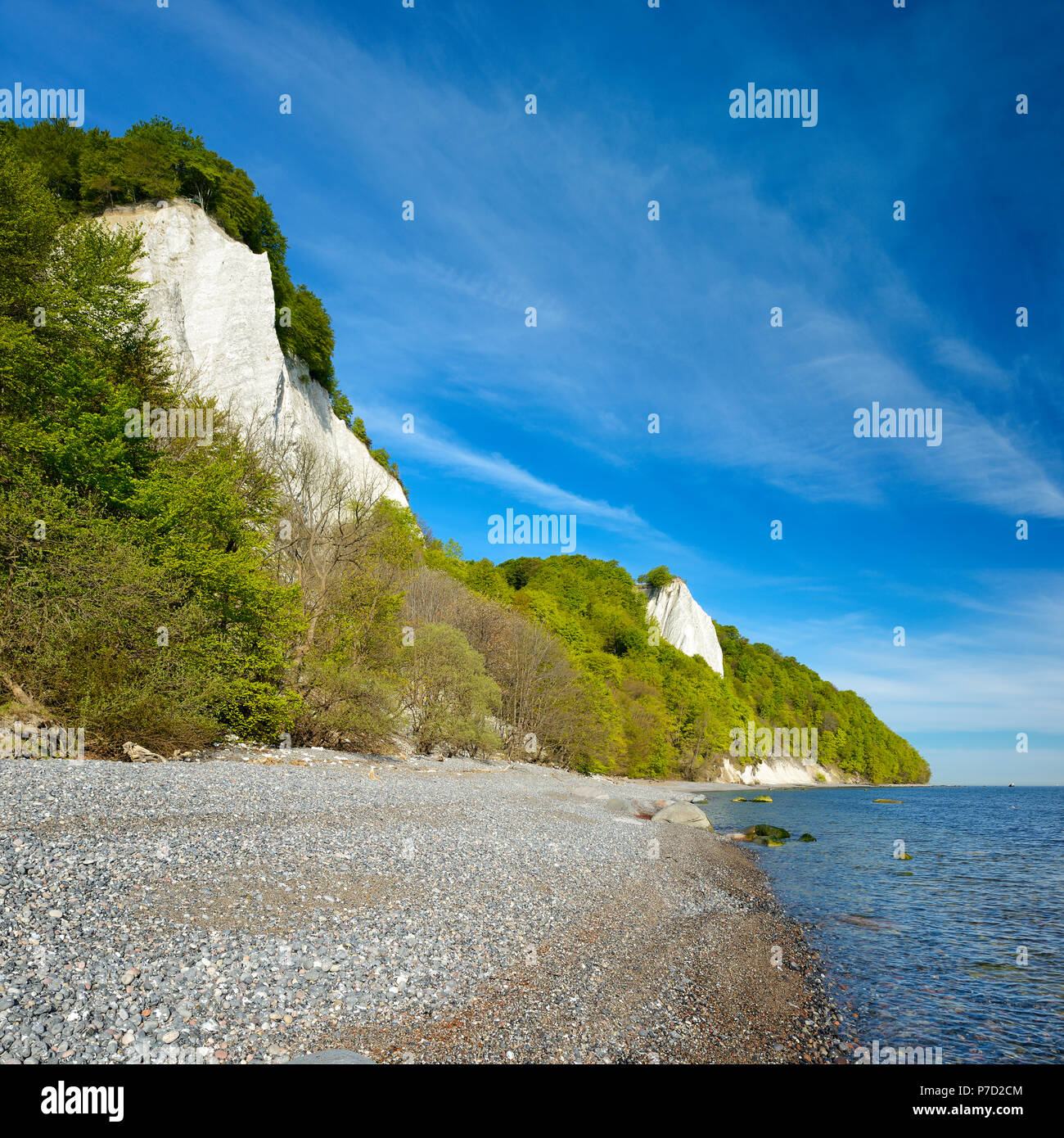 Pebble beach with chalk cliffs on the Baltic Sea, in front the Victoria view, behind the Königsstuhl, Jasmund National Park Stock Photo