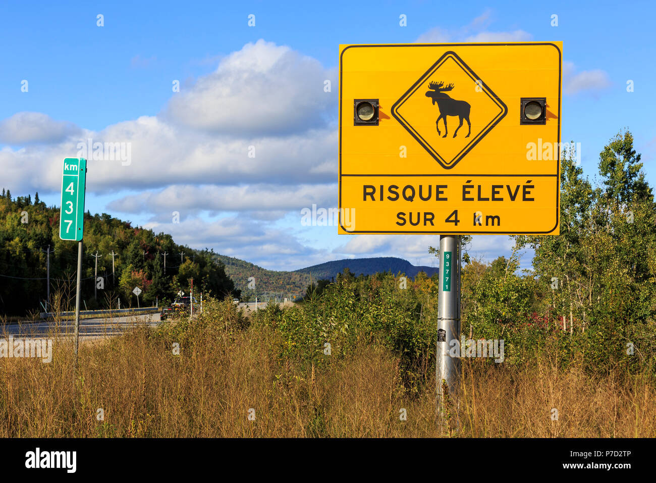 Sign warns of moose crossing the road, Highway 138, Québec Province, Canada Stock Photo