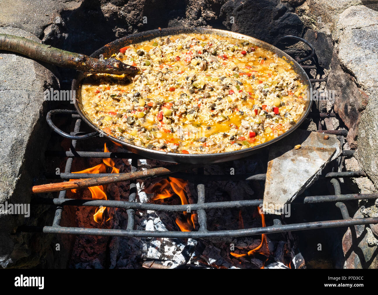 Picnic vegetarian paella at summer Stock Photo